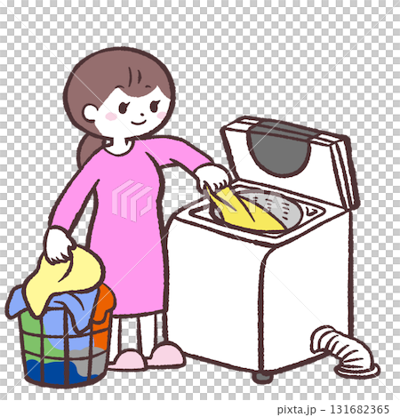一位女士在立式洗衣機中洗衣服的插圖 一位女士在立式洗衣機中洗衣服的插圖 131682365