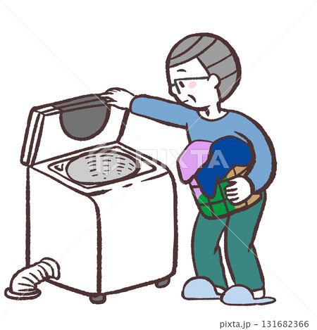 タテ型洗濯機で洗濯するシニア男性のイラスト 131682366