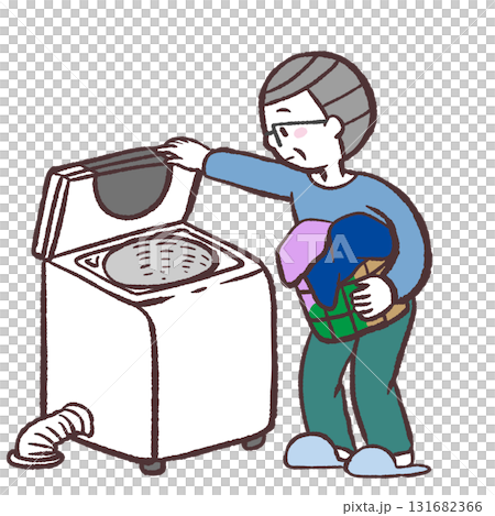 タテ型洗濯機で洗濯するシニア男性のイラスト 131682366