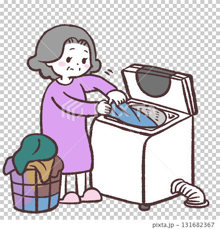 一位老年婦女在立式洗衣機中洗衣服的插圖 131682367