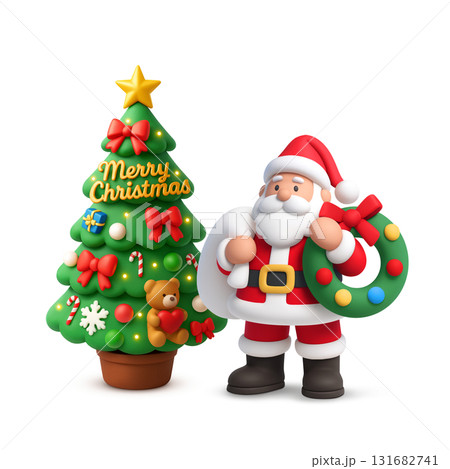 サンタクロースとクリスマスツリーのイラスト 3D 131682741