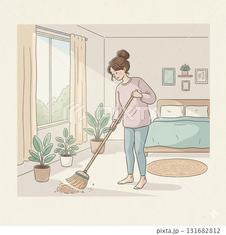 ほうきで掃除をする女性のイラスト 家事風景 ほうきで掃除をする女性のイラスト 家事風景 131682812