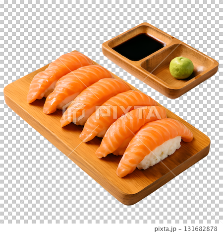 Elegant Presentation of Salmon Sushi with Soy Sauce and Wasabi 131682878