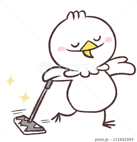 フローリングワイパーで床を拭く白い鳥のイラスト フローリングワイパーで床を拭く白い鳥のイラスト 131682884