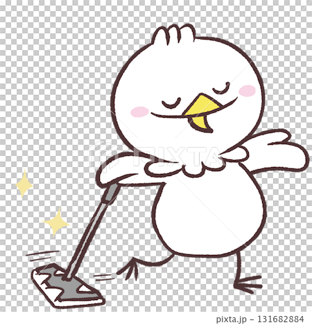 フローリングワイパーで床を拭く白い鳥のイラスト フローリングワイパーで床を拭く白い鳥のイラスト 131682884