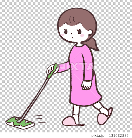 フローリングワイパーで床を拭く女性のイラスト 131682885