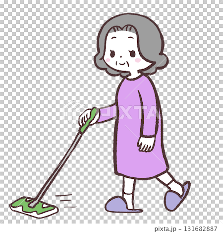 Illustration of a senior woman wiping the floor with a floor wiper 131682887
