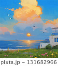 朝日が昇る海沿いの別荘地の情景画 朝日が昇る海沿いの別荘地の情景画 131682966