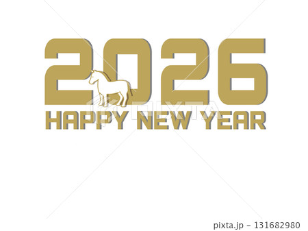 年賀状2026 ウマのイラスト　金文字　シンプルな年賀状テンプレート　午年　かっこいい　ゴールド 131682980