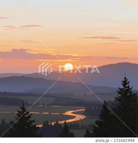 山々の間から夕陽が沈むレトロな風景画 131682999
