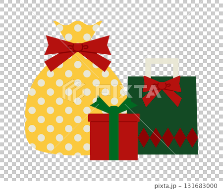 リボン付きの黄色、緑、赤のギフトバッグやギフトボックスのシンプルなイラスト素材 131683000