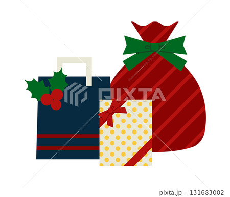 リボンや柊でラッピングされたシンプルな柄のクリスマスギフトイラスト素材 リボンや柊でラッピングされたシンプルな柄のクリスマスギフトイラスト素材 131683002