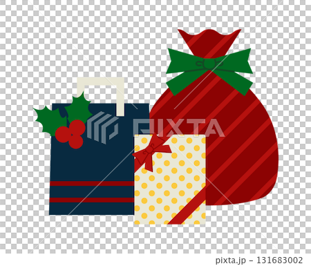 Illustration of a simple Christmas gift wrapped in ribbons and holly Illustration of a simple Christmas gift wrapped in ribbons and holly 131683002