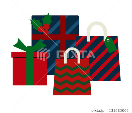青、赤、緑のカラーのクリスマスギフトが並んだシンプルなイラスト素材 青、赤、緑のカラーのクリスマスギフトが並んだシンプルなイラスト素材 131683003