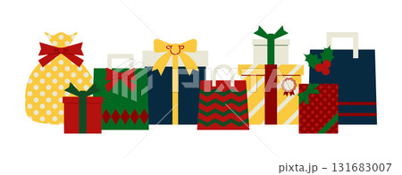 横に並んだたくさんのクリスマスラッピングのギフトのイラスト 横に並んだたくさんのクリスマスラッピングのギフトのイラスト 131683007
