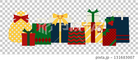 横に並んだたくさんのクリスマスラッピングのギフトのイラスト 横に並んだたくさんのクリスマスラッピングのギフトのイラスト 131683007
