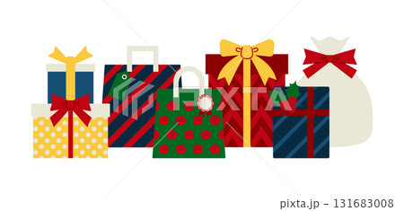 リボンや柊でラッピングされたクリスマスギフトの集まりのイラスト素材 リボンや柊でラッピングされたクリスマスギフトの集まりのイラスト素材 131683008
