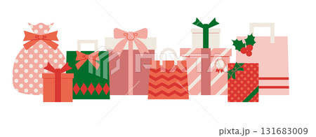 ピンクと緑の箱や袋のクリスマスラッピングギフトのイラスト素材 ピンクと緑の箱や袋のクリスマスラッピングギフトのイラスト素材 131683009