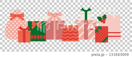 ピンクと緑の箱や袋のクリスマスラッピングギフトのイラスト素材 ピンクと緑の箱や袋のクリスマスラッピングギフトのイラスト素材 131683009