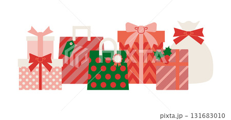 ピンクの可愛いギフトが並んだクリスマスのイラスト素材 131683010
