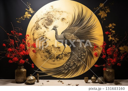 Gilded phoenixes, symbols of rebirth and resurrection, with feathers of gold and fire - Generative AI 131683160