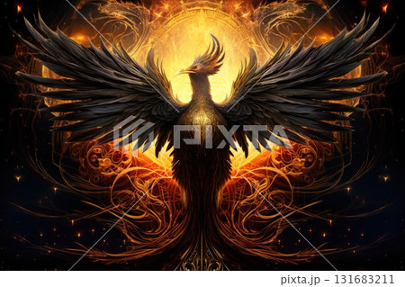 Gilded phoenixes, symbols of rebirth and resurrection, with feathers of gold and fire - Generative AI Gilded phoenixes, symbols of rebirth and resurrection, with feathers of gold and fire - Generative AI 131683211
