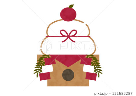 紅白の飾りが付いた鏡餅のベクターイラスト　水彩風 131683287