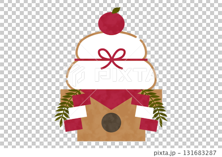 紅白の飾りが付いた鏡餅のベクターイラスト　水彩風 131683287