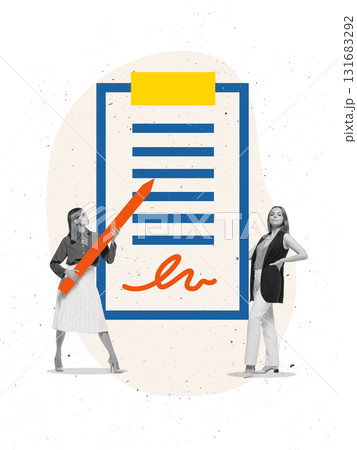 Graphic composition. Businesswomen discussing contract signing with oversized document and pen 131683292