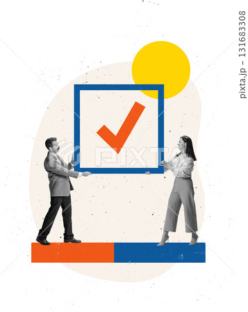 Trendy artwork. Business partners holding large checkbox symbolizing agreement and accomplishment Trendy artwork. Business partners holding large checkbox symbolizing agreement and accomplishment 131683308