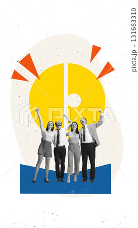 Collage of happy business team celebrating success together under abstract bright symbol Collage of happy business team celebrating success together under abstract bright symbol 131683310