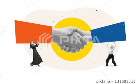 Trendy collage. Large handshake supported by people holding geometric shapes representing teamwork Trendy collage. Large handshake supported by people holding geometric shapes representing teamwork 131683313