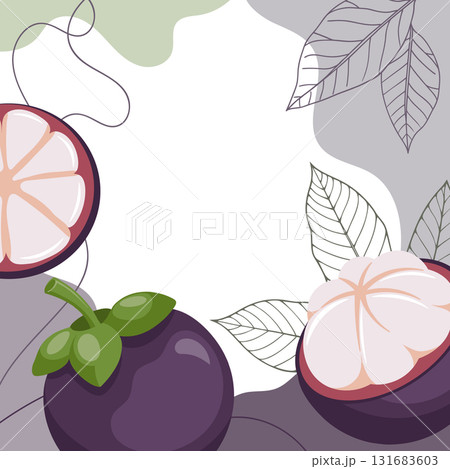 Fresh mangosteen fruit composition with leaves, cut and whole fruits. Tropical fruit background. Illustration. Fresh mangosteen fruit composition with leaves, cut and whole fruits. Tropical fruit background. Illustration. 131683603