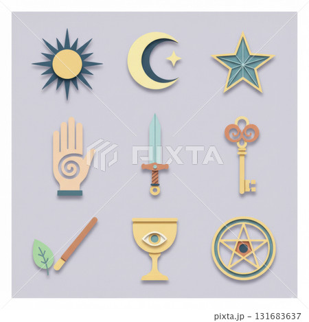 Elegant flat vector set with moon, sun, key, sword, pentagram, and spiritual icons. Minimal mystical design perfect for tarot, astrology, or boho projects. Vector illustration Elegant flat vector set with moon, sun, key, sword, pentagram, and spiritual icons. Minimal mystical design perfect for tarot, astrology, or boho projects. Vector illustration 131683637