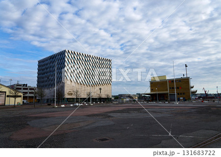 Modernist Smyrna Church Frihamnen with concert hall on the island of Hisingen, Gothenburg, Sweden 131683722