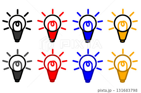 ひらめきシーンに最適！アイデアが浮かんだ状態を表す時に便利な素材4色（黒、赤、青、黄、電球の線の色違 131683798