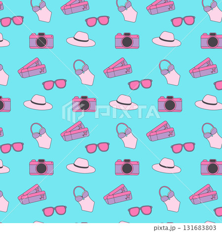 A colourful seamless pattern displays various summer vacation icons. Sunglasses, swimsuits, cameras, suitcases, and sun hats are featured on a light blue background. 131683803