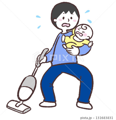 赤ちゃんを抱っこしながら掃除機をかける男性のイラスト 131683831