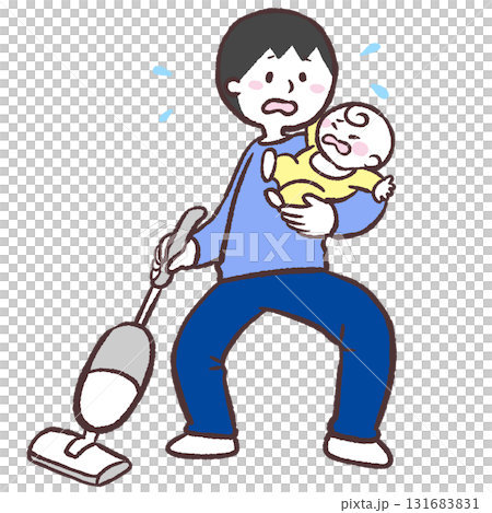 赤ちゃんを抱っこしながら掃除機をかける男性のイラスト 131683831
