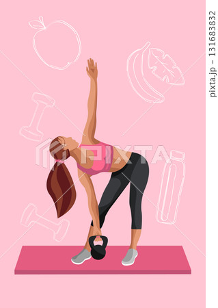 A faceless woman performs a kettlebell exercise on a pink yoga mat, surrounded by fitness icons, showcasing dedication to health and fitness. 131683832