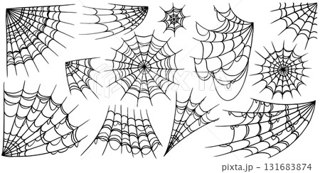 Hand drawn spooky spider web for halloween or scary event decoration. Different looking isolated 131683874