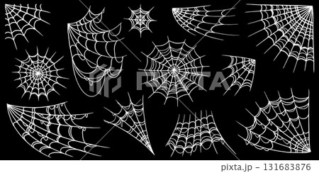 Hand drawn spooky spider web for halloween or scary event decoration. Different looking isolated Hand drawn spooky spider web for halloween or scary event decoration. Different looking isolated 131683876