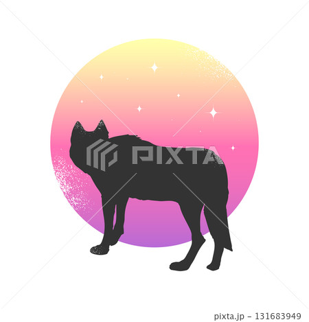 Celestial emblem with wolf silhouette on colorful moon background. Vector illustration 131683949