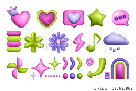 Colorful 3D Element Collection Featuring Hearts Flowers and Symbols 131683962
