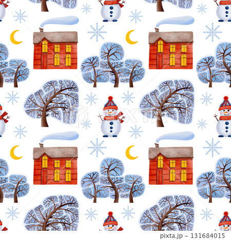 A seamless pattern with winter elements. Snow-covered trees, a cozy house, and a cute snowman. A seamless pattern with winter elements. Snow-covered trees, a cozy house, and a cute snowman. 131684015