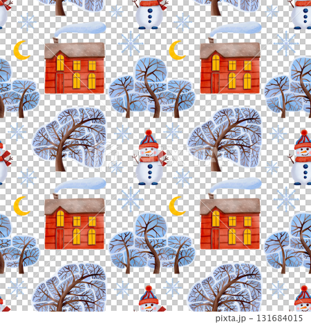 A seamless pattern with winter elements. Snow-covered trees, a cozy house, and a cute snowman. 131684015