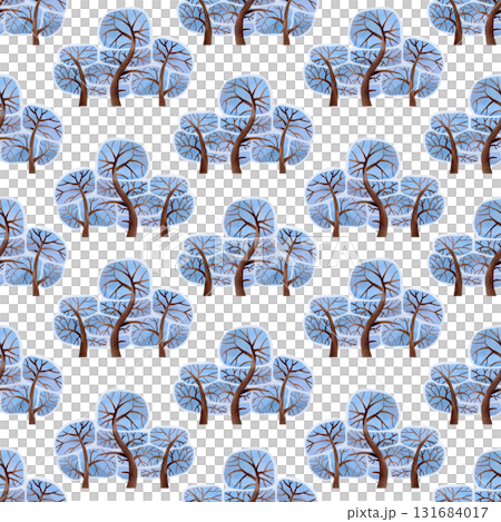 Seamless pattern. Snow-covered trees with blue crowns. Watercolor illustrations of winter plants for greeting cards, children's drawings, and textiles. 131684017