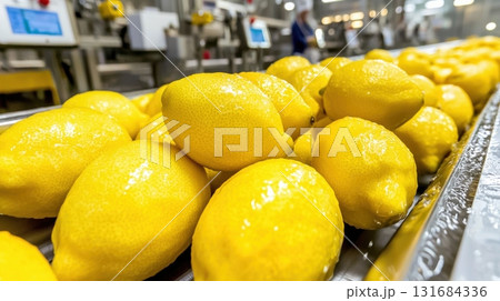 Industrial lemon washing and sorting in citrus processing facility 131684336