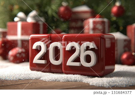 Ai generated 2026 new year sign surrounded by christmas gifts and decorations Ai generated 2026 new year sign surrounded by christmas gifts and decorations 131684377