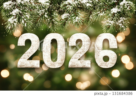 Ai generated Number 2026 on Christmas shiny festive bokeh background with pine branches 131684386